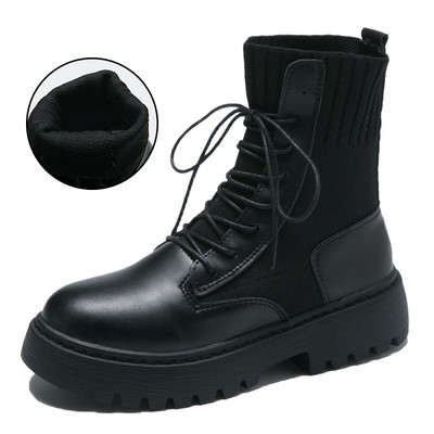 Cizme casual de dama cu talpa inalta si sireturi de culoare neagra