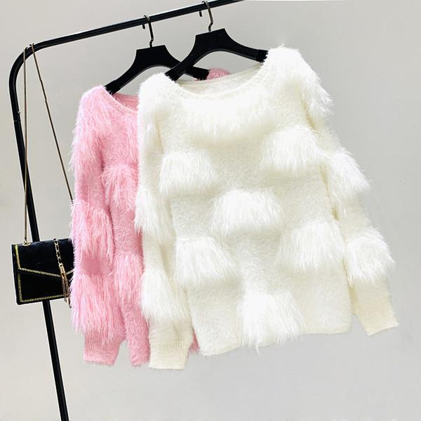 Pulover de dama modern cu puf in trei culori