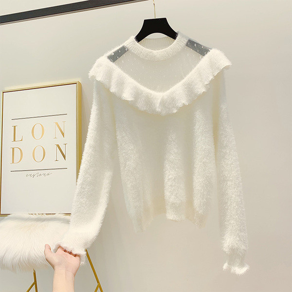 Pulover de puf de damă în alb și albastru