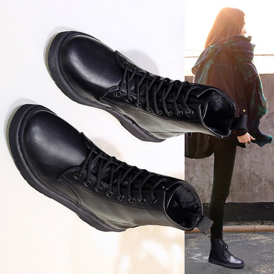 Γυναικείες έκο δερμάτινες μπότες με  δεσμούς σε μαύρο χρώμα