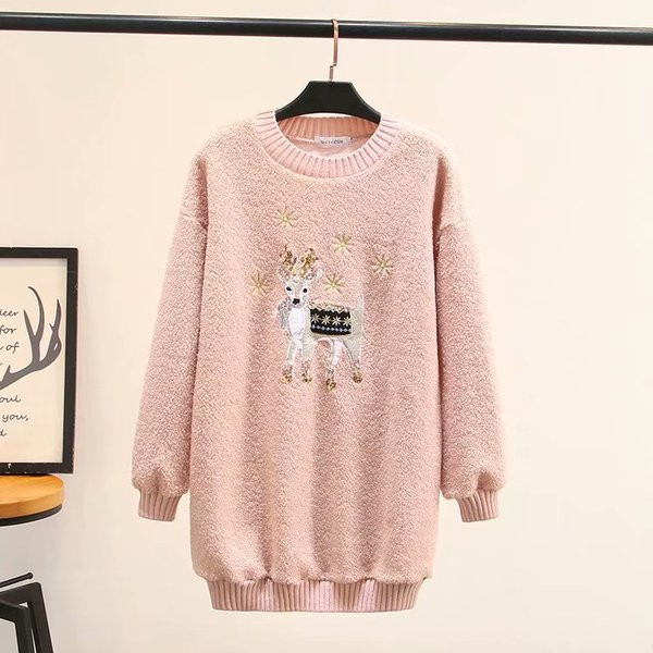 Μοντέρνο γυναικείο πουλόβερ με O-neck και κεντήματα σε ροζ χρώμα