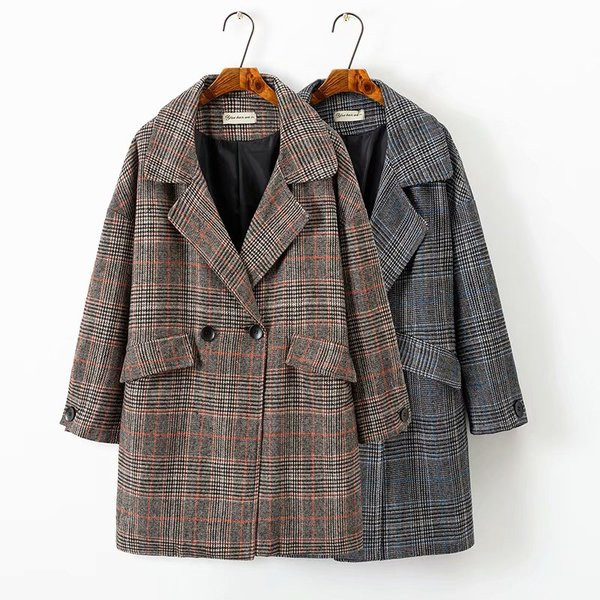 Μοντέρνο γυναικείο καρό παλτό με κουμπιά σε γκρι και καφέ χρώμα