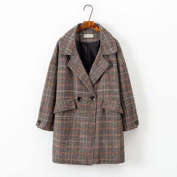 Μοντέρνο γυναικείο καρό παλτό με κουμπιά σε γκρι και καφέ χρώμα