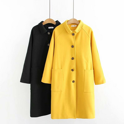 Модерно дамско дълго палто с копчета и джобове в жълт и черен цвят 