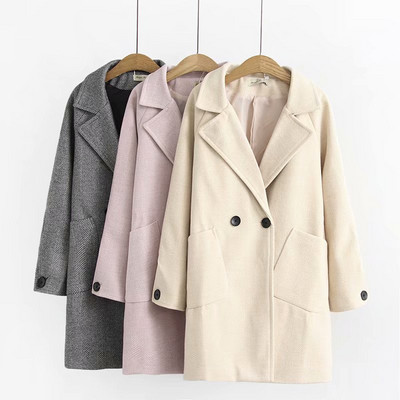 Модерно дамско дълго палто с копчета и джобове в три цвята 