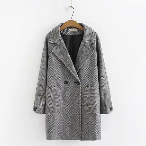 Модерно дамско дълго палто с копчета и джобове в три цвята 