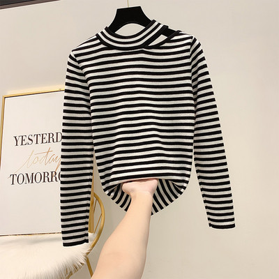 Καθημερινή γυναικεία ριγέ μπλούζα σε μαύρο και καφέ χρώμα