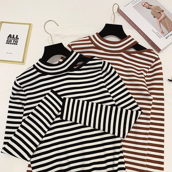 Καθημερινή γυναικεία ριγέ μπλούζα σε μαύρο και καφέ χρώμα