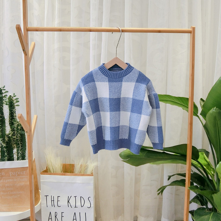 Pulover in carouri pentru copii model nou pentru baieti cu decolteu O in albastru si galben