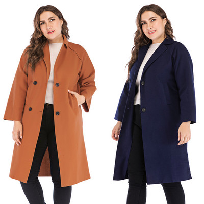 Голям размер модерно дамско дълго палто с джобове и копчета в няколко цвята 