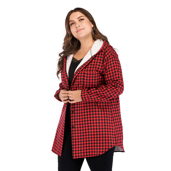 Őszi női hosszú kabát kapucnival és piros gombokkal