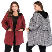 Őszi női hosszú kabát kapucnival és hosszú ujjú fekete és piros színben