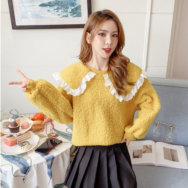 Μοντέρνο γυναικείο πουλόβερ με μακρύ μανίκι σε κίτρινο, πράσινο και ροζ χρώμα