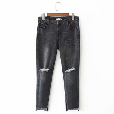 Blugi lungi de damă casual cu motive rupte în albastru și negru