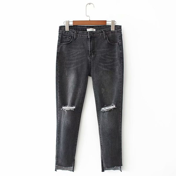 Blugi lungi de damă casual cu motive rupte în albastru și negru