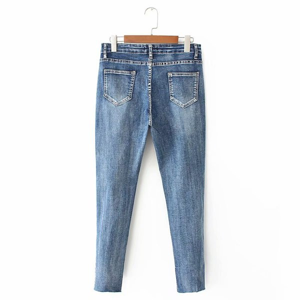 Blugi lungi de damă casual cu motive rupte în albastru și negru