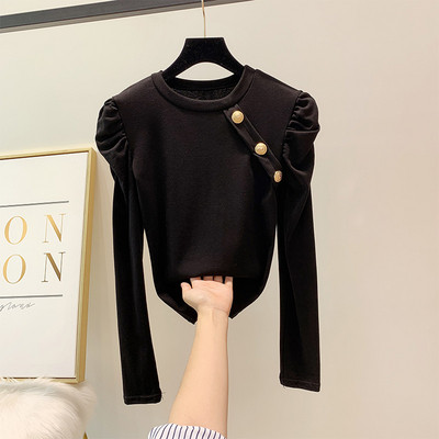 Μοντέρνα γυναικεία μπλούζα με κουμπιά και στρογγυλη λαιμόκοψη