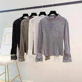 Modern női bársony blúz, ujján csipkével több színben