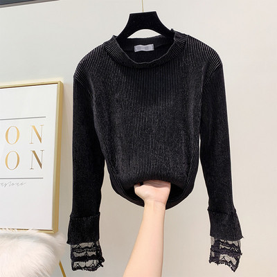 Modern női bársony blúz, ujján csipkével több színben