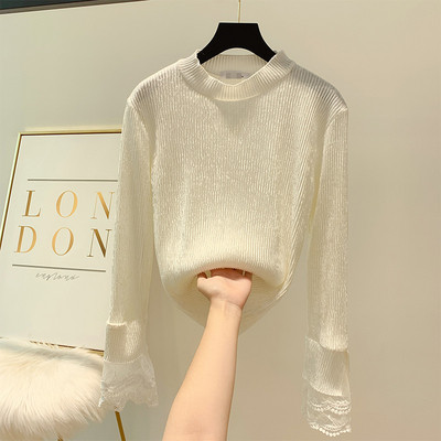 Modern női bársony blúz, ujján csipkével több színben