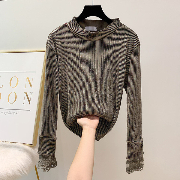 Modern női bársony blúz, ujján csipkével több színben