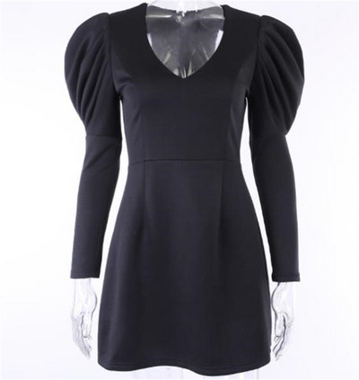 Stílusos női ruha hosszú ujjú fekete és spitz nyakkivágással