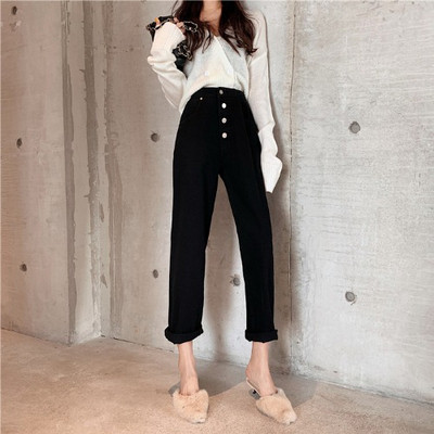 Μακρύ γυναικεία τζιν μαύρα με κουμπιά και ψηλή μέση