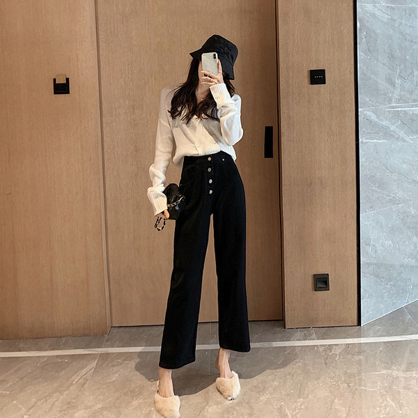 Μακρύ γυναικεία τζιν μαύρα με κουμπιά και ψηλή μέση