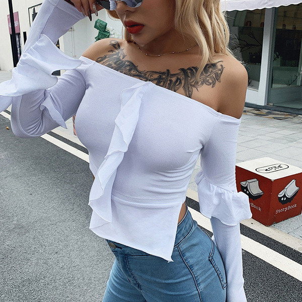 Bluză scurtă de damă modernă cu umerii goi, în alb