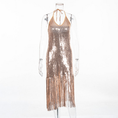 Κομψό μακρύ γυναικείο φόρεμα με λεπτό λουράκι σε χρυσό και ασήμι χρώμα