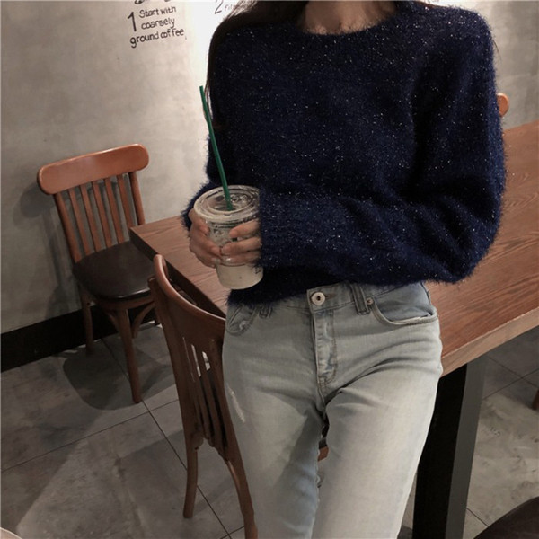 Γυναικείο casual χνουδωτό πουλόβερ σε μπλε χρώμα