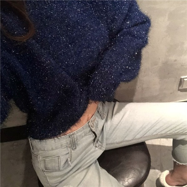 Γυναικείο casual χνουδωτό πουλόβερ σε μπλε χρώμα