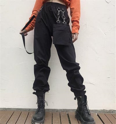Дамски модерен панталон с верижка в черен цвят