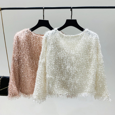 Νέο μοντέλο γυναικείο πουλόβερ  με λαιμόκοψη O σε ροζ και λευκό χρώμα