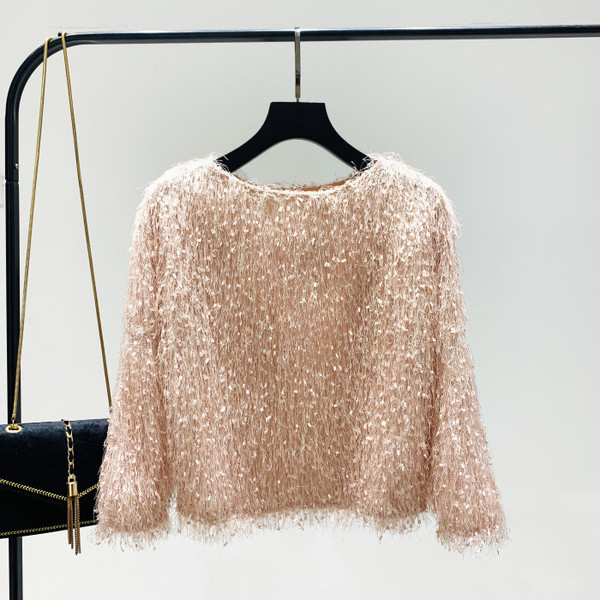 Νέο μοντέλο γυναικείο πουλόβερ  με λαιμόκοψη O σε ροζ και λευκό χρώμα