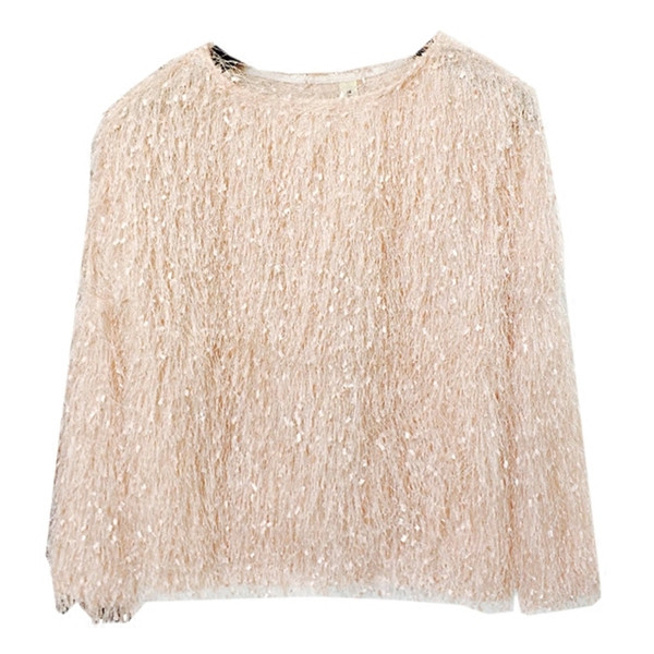 Νέο μοντέλο γυναικείο πουλόβερ  με λαιμόκοψη O σε ροζ και λευκό χρώμα