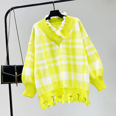 Νέο μοντέλο καρό γυναικείο πουλόβερ με λαιμόκοψη στο μπλε και κίτρινο χρώμα