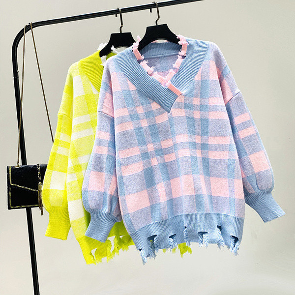 Νέο μοντέλο καρό γυναικείο πουλόβερ με λαιμόκοψη στο μπλε και κίτρινο χρώμα