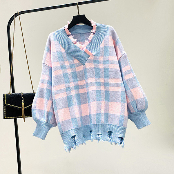 Νέο μοντέλο καρό γυναικείο πουλόβερ με λαιμόκοψη στο μπλε και κίτρινο χρώμα