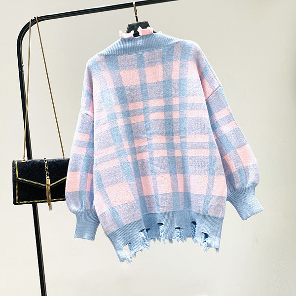 Νέο μοντέλο καρό γυναικείο πουλόβερ με λαιμόκοψη στο μπλε και κίτρινο χρώμα