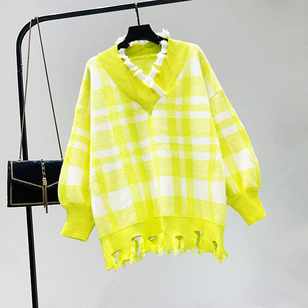 Νέο μοντέλο καρό γυναικείο πουλόβερ με λαιμόκοψη στο μπλε και κίτρινο χρώμα