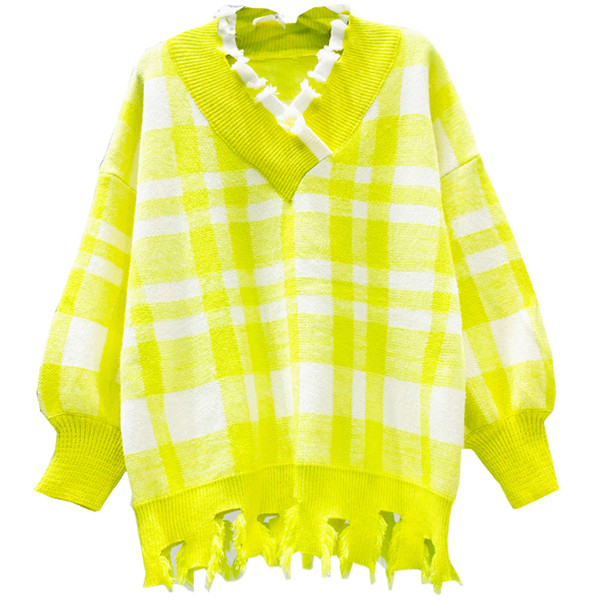 Νέο μοντέλο καρό γυναικείο πουλόβερ με λαιμόκοψη στο μπλε και κίτρινο χρώμα