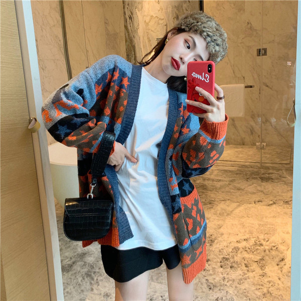 Γυναικεία μακρύ ζακέτα με χρωματιστό τύπωμα  - δύο χρώματα