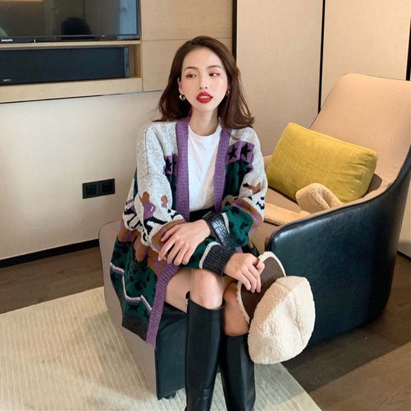 Γυναικεία μακρύ ζακέτα με χρωματιστό τύπωμα  - δύο χρώματα