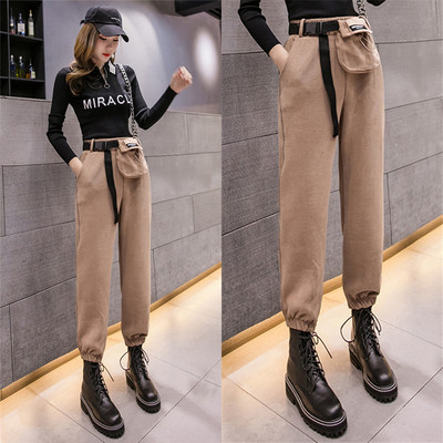 Pantaloni sport de dama cu centura si buzunare in maro, gri si negru