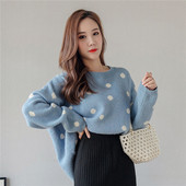 Νέο μοντέλο μοντέρνο  γυναικείο πουλόβερ πουά σε μπλε, κίτρινο και μοβ χρώμα