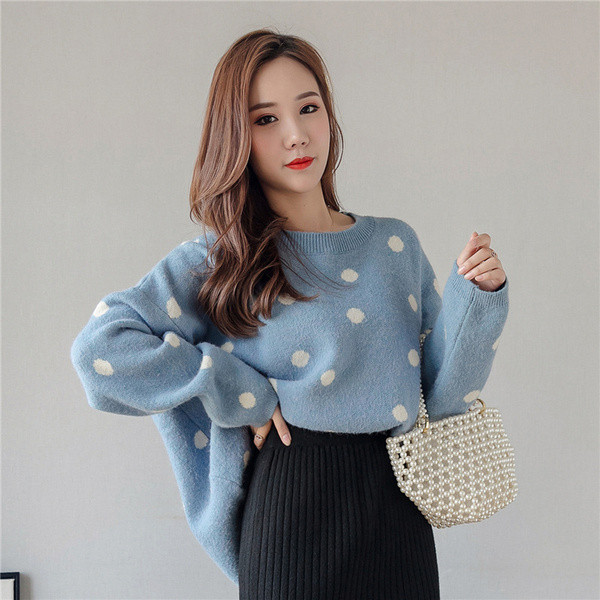 Νέο μοντέλο μοντέρνο  γυναικείο πουλόβερ πουά σε μπλε, κίτρινο και μοβ χρώμα