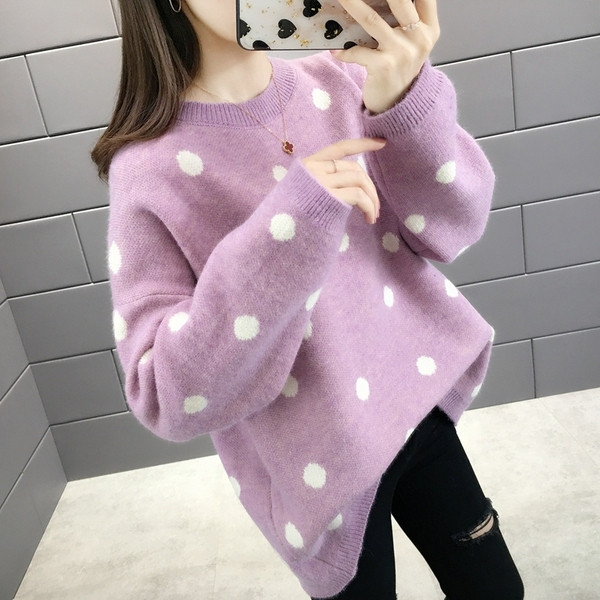 Νέο μοντέλο μοντέρνο  γυναικείο πουλόβερ πουά σε μπλε, κίτρινο και μοβ χρώμα