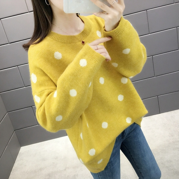 Νέο μοντέλο μοντέρνο  γυναικείο πουλόβερ πουά σε μπλε, κίτρινο και μοβ χρώμα