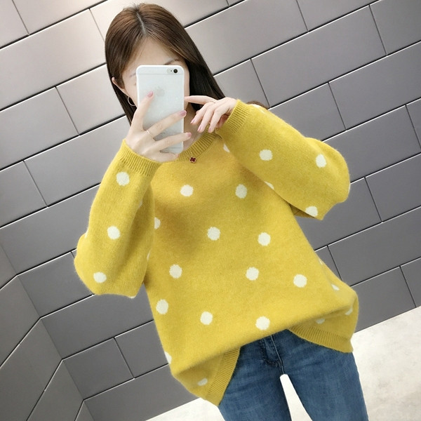 Νέο μοντέλο μοντέρνο  γυναικείο πουλόβερ πουά σε μπλε, κίτρινο και μοβ χρώμα